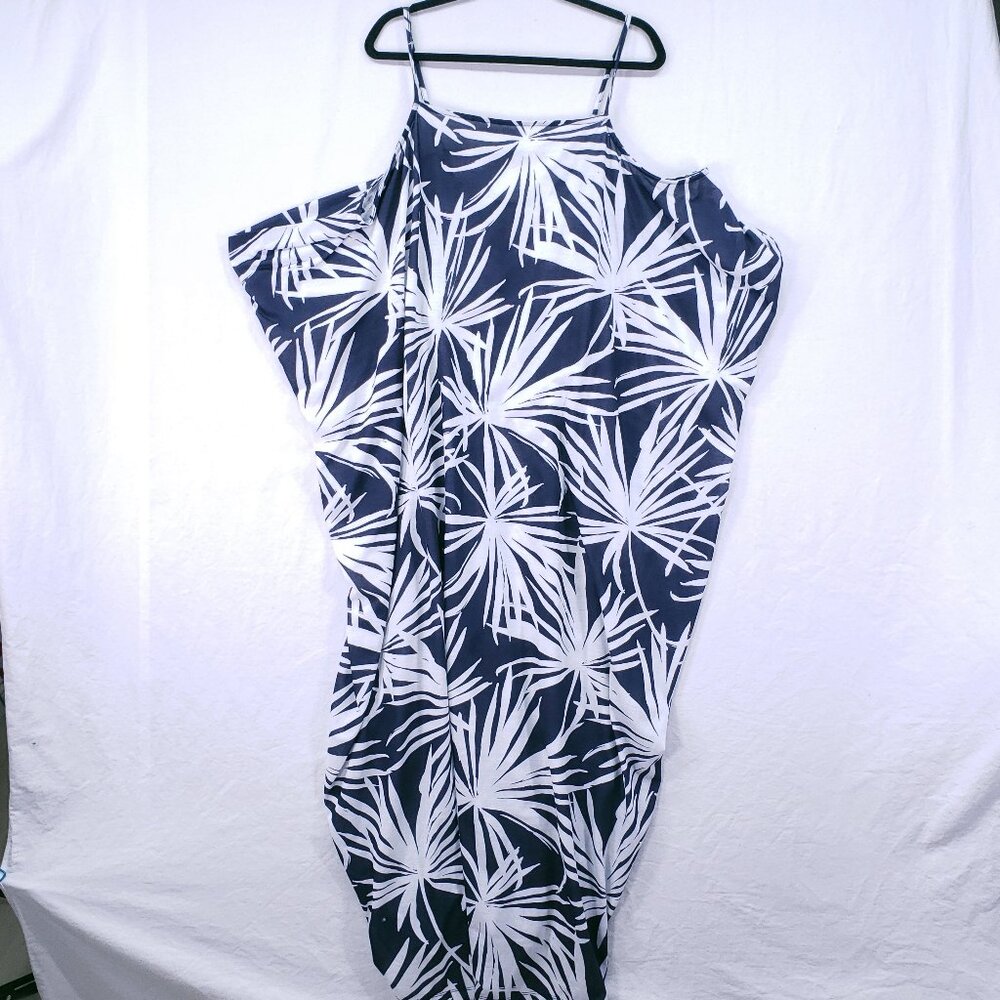 Asos Navy Blue n White Beachy Tropical Floral Relaxed Sheer Maxi Dress Size 18